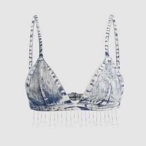 Denim bra top with crystal pendants
